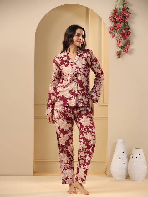 Red maroon Printed Full sleeves Cotton Night suit – Sanskruti Homes