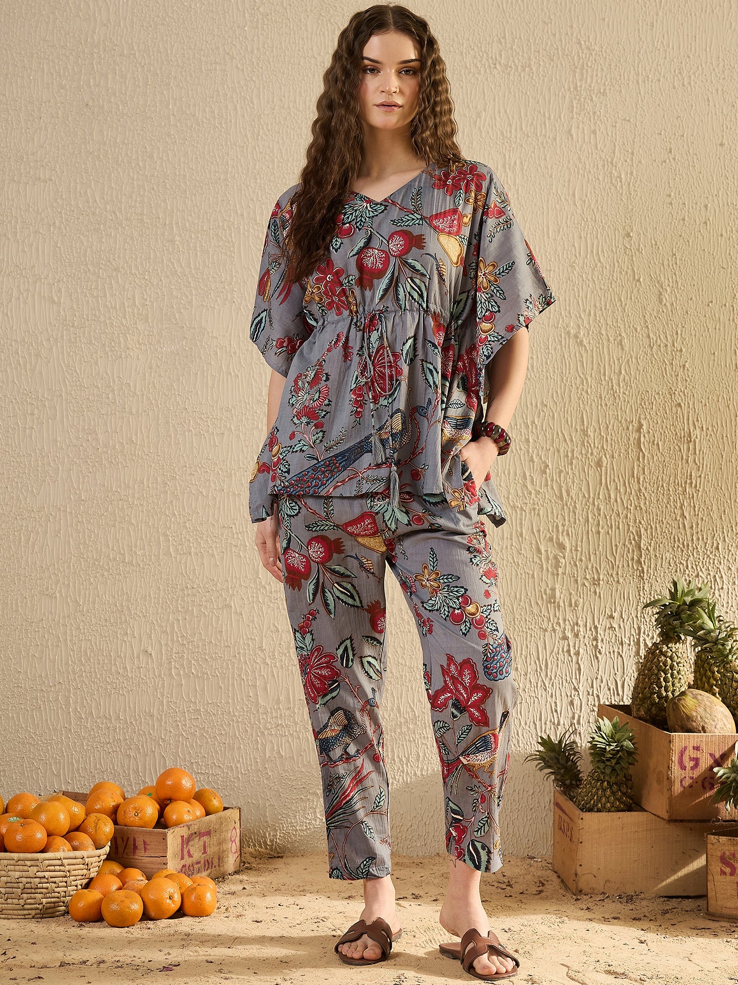 Women Floral Printed Beige Night Suit Set