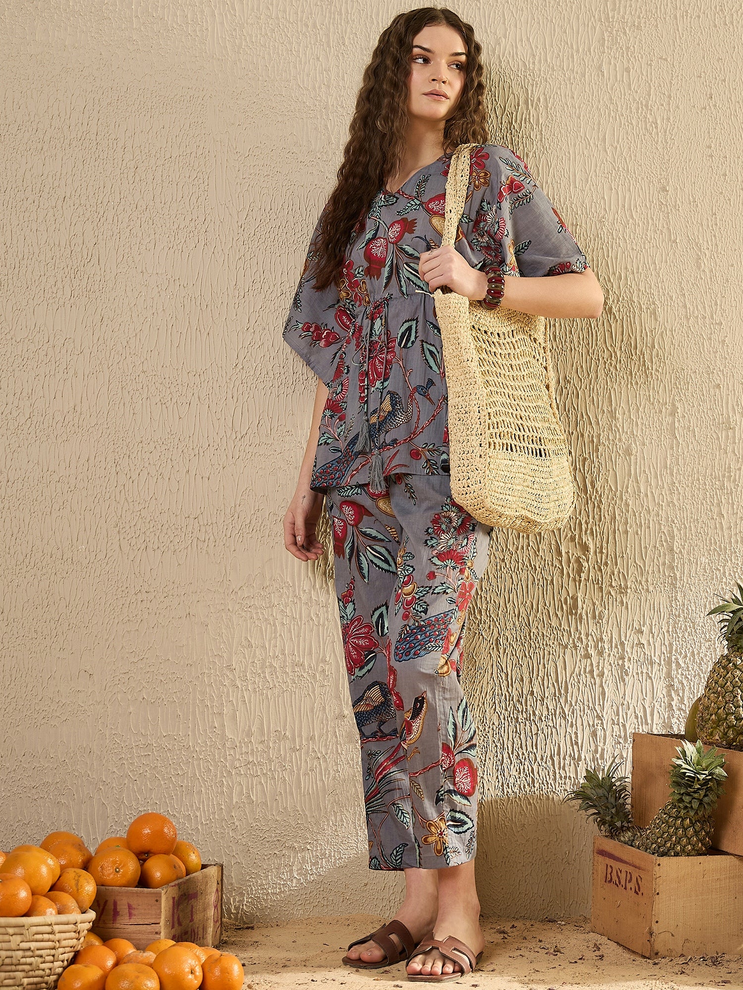 Women Floral Printed Beige Night Suit Set