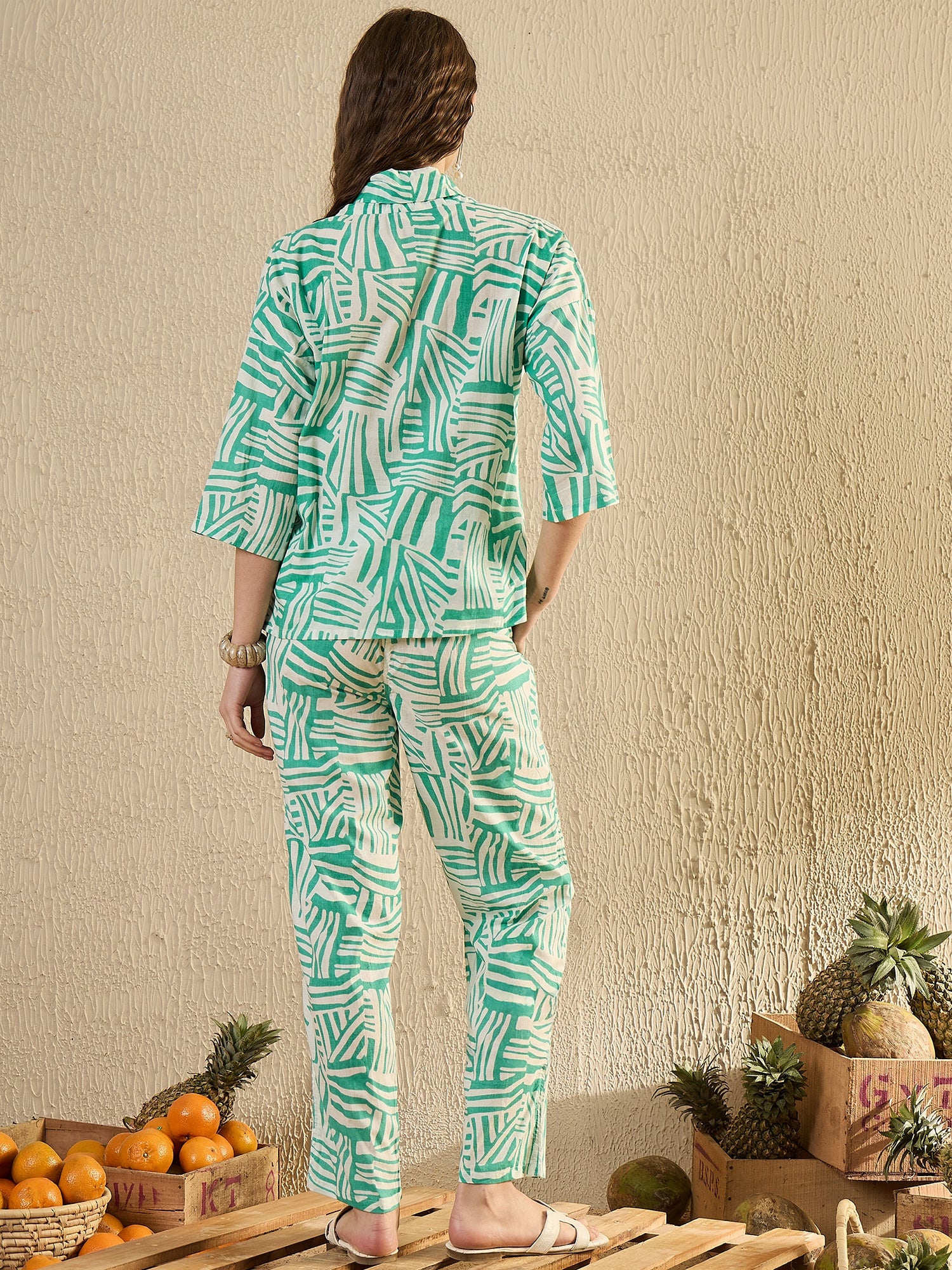 Women Abstract Printed Sea Green Night Suit Set