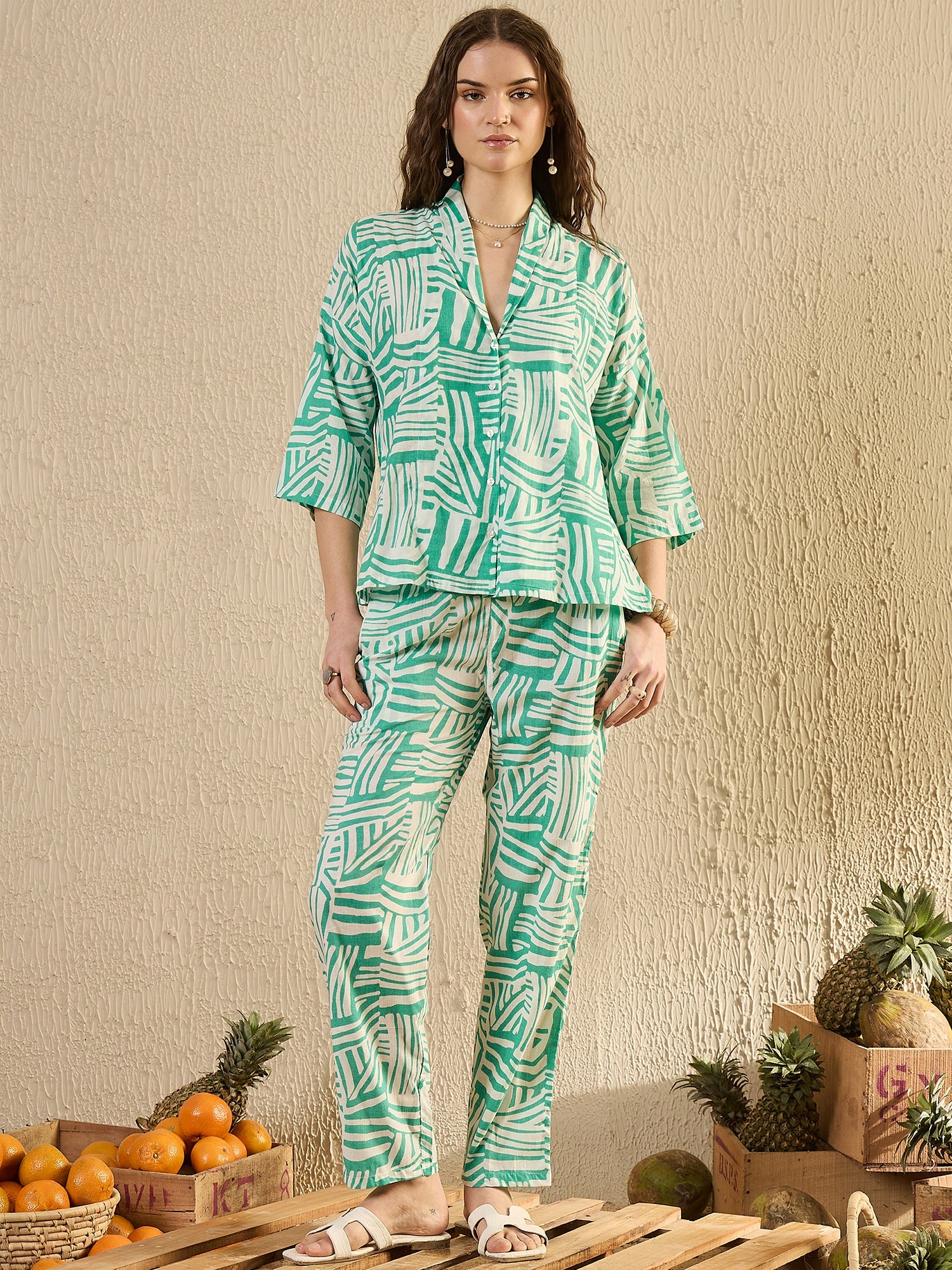 Women Abstract Printed Sea Green Night Suit Set