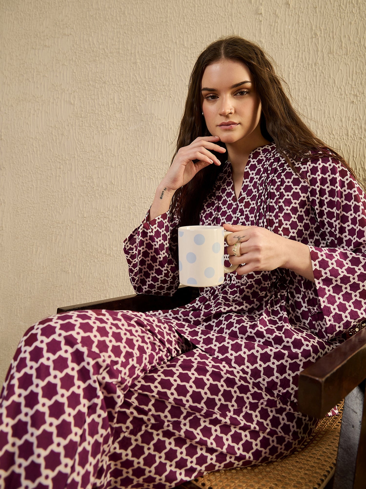 Women Geometric Printed Purple Night Suit Set