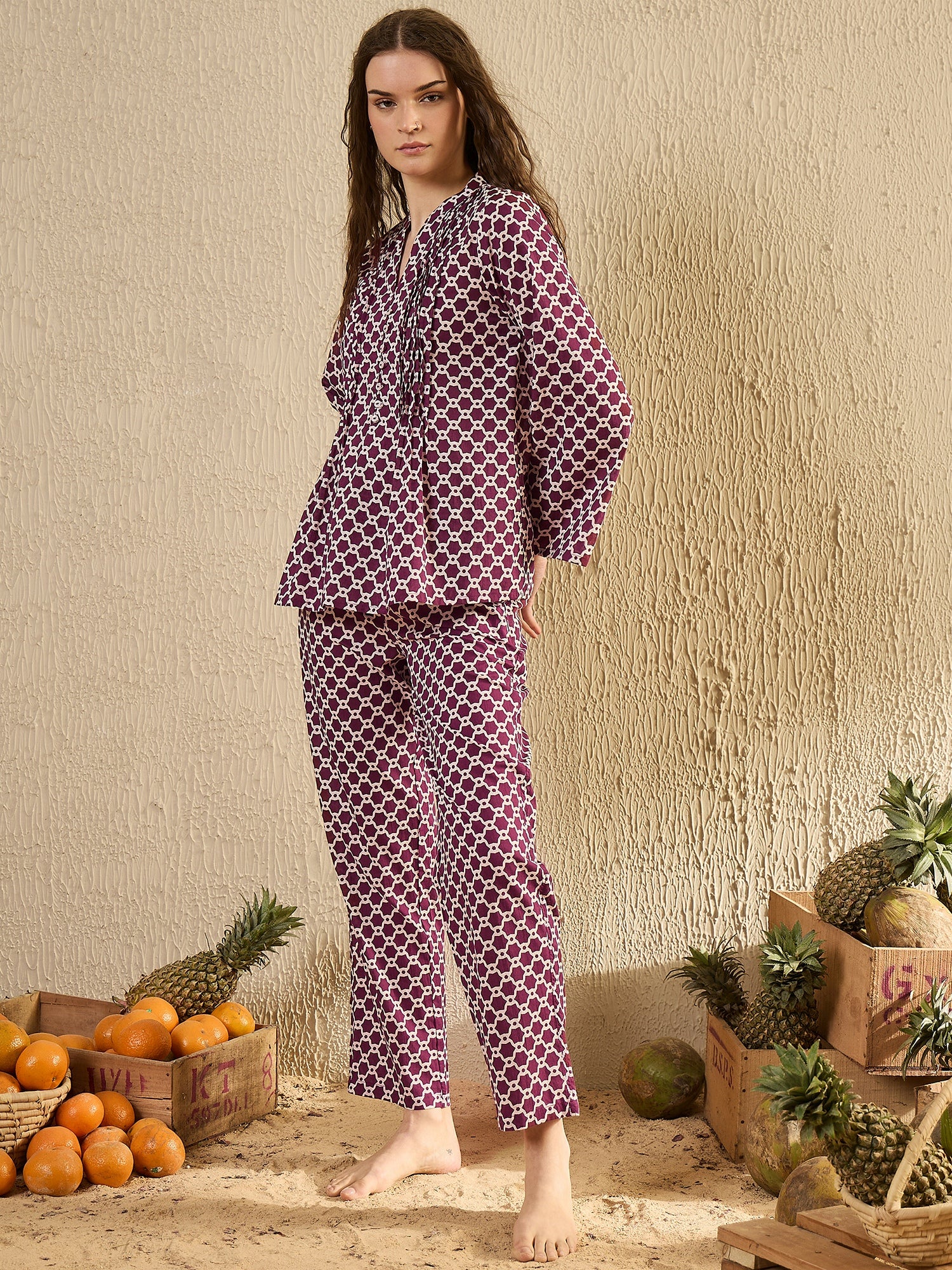 Women Geometric Printed Purple Night Suit Set