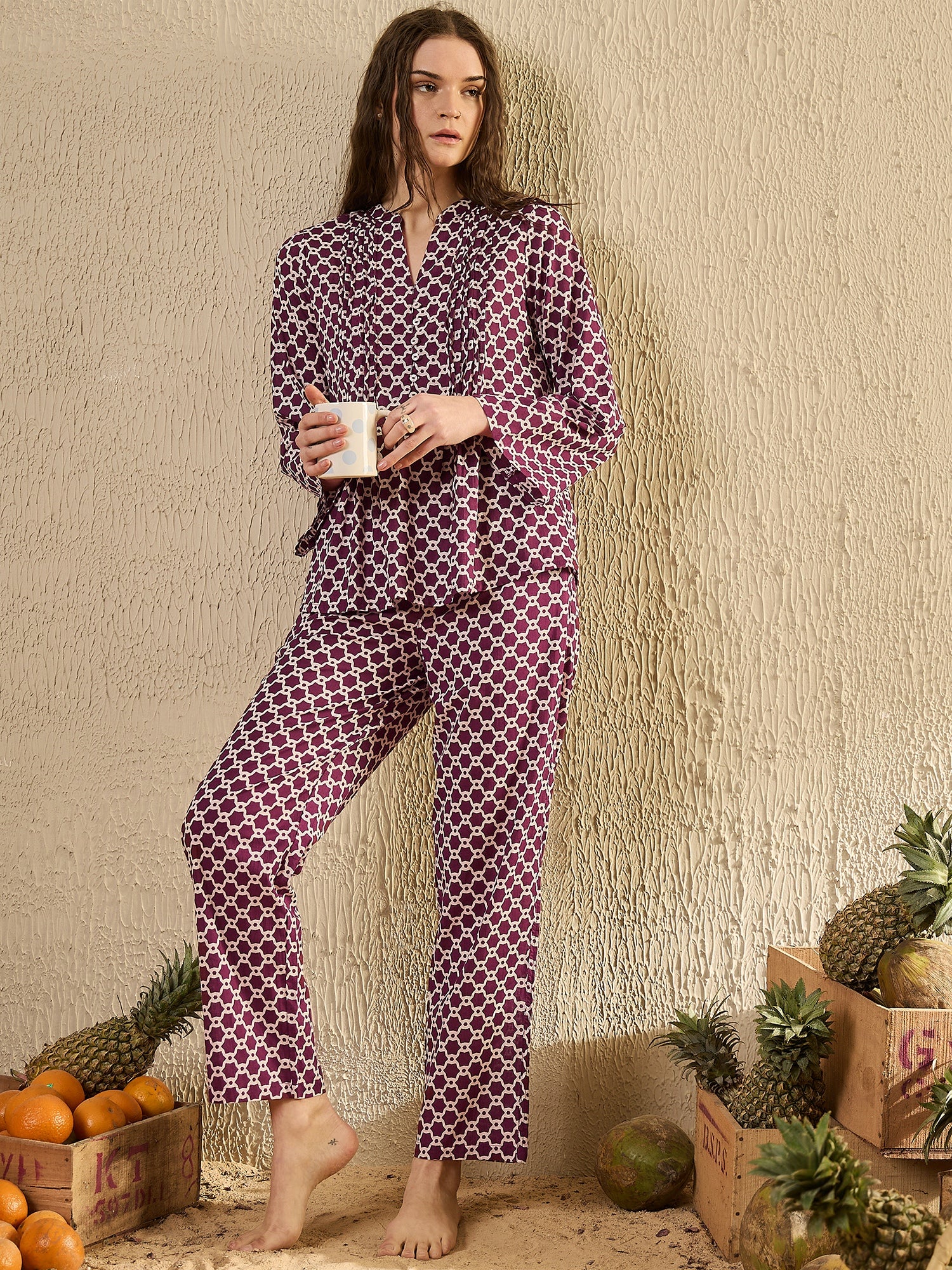 Women Geometric Printed Purple Night Suit Set