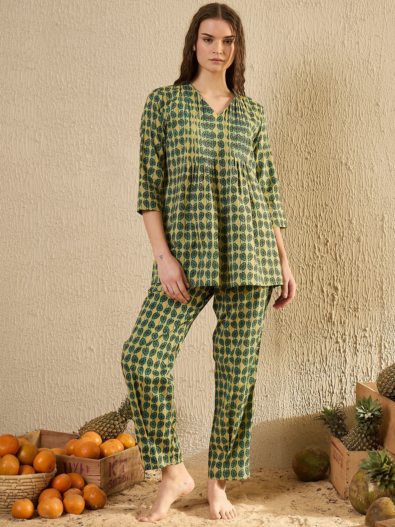 Women Abstract Printed Green Night Suit Set