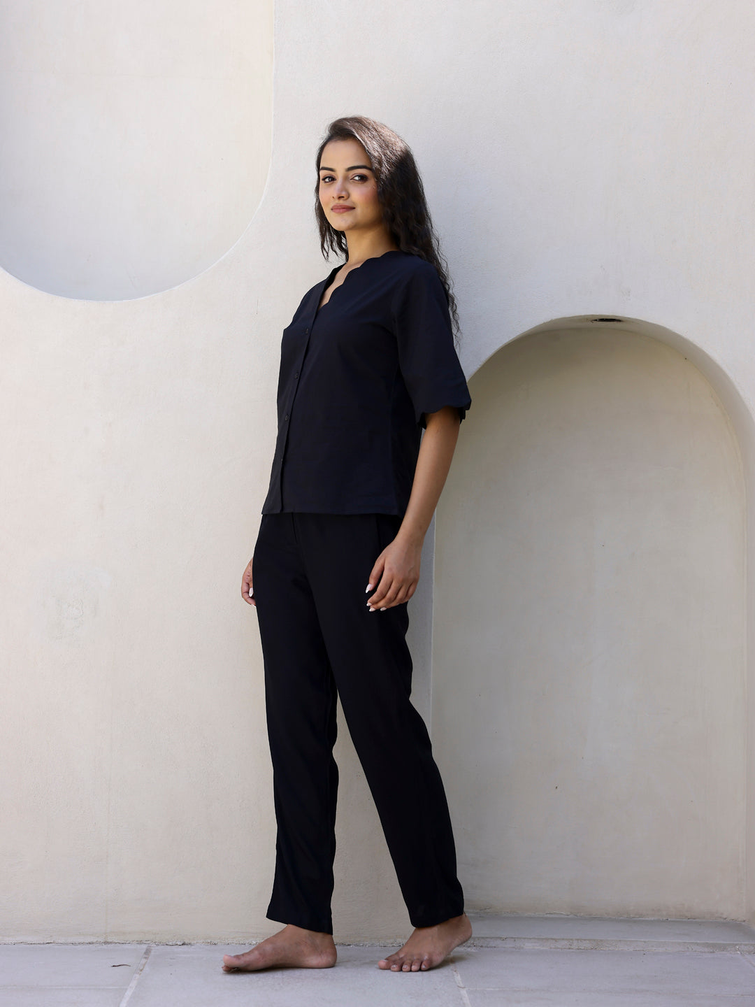 Black Cotton Night Suit with Pant