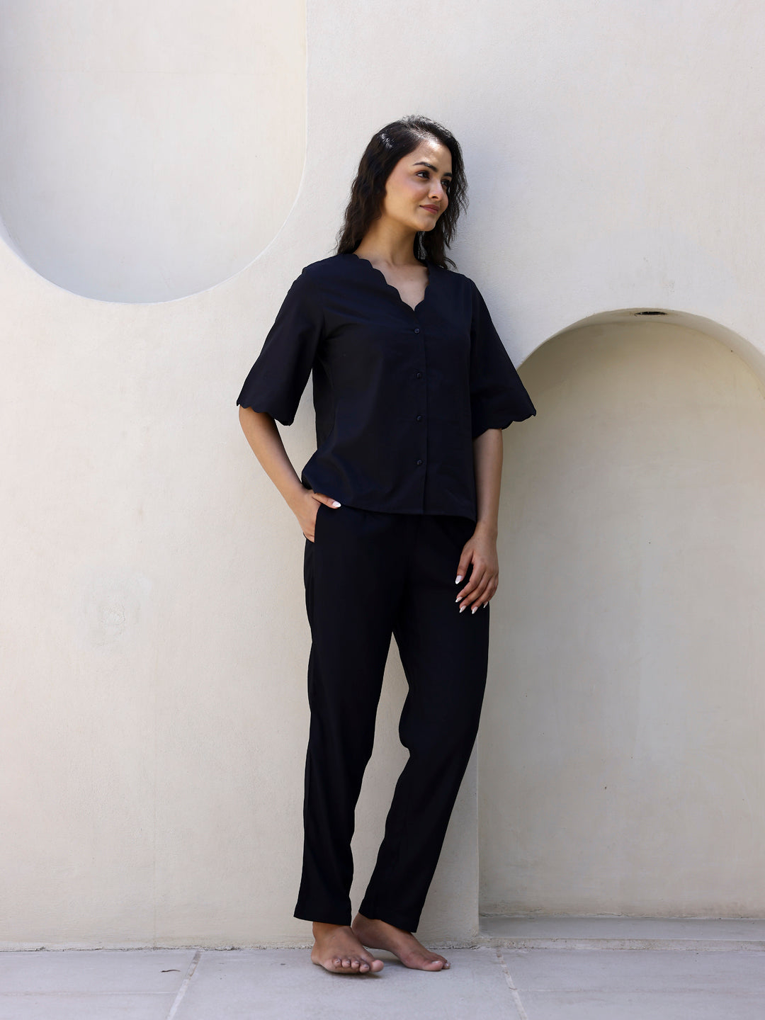 Black Cotton Night Suit with Pant