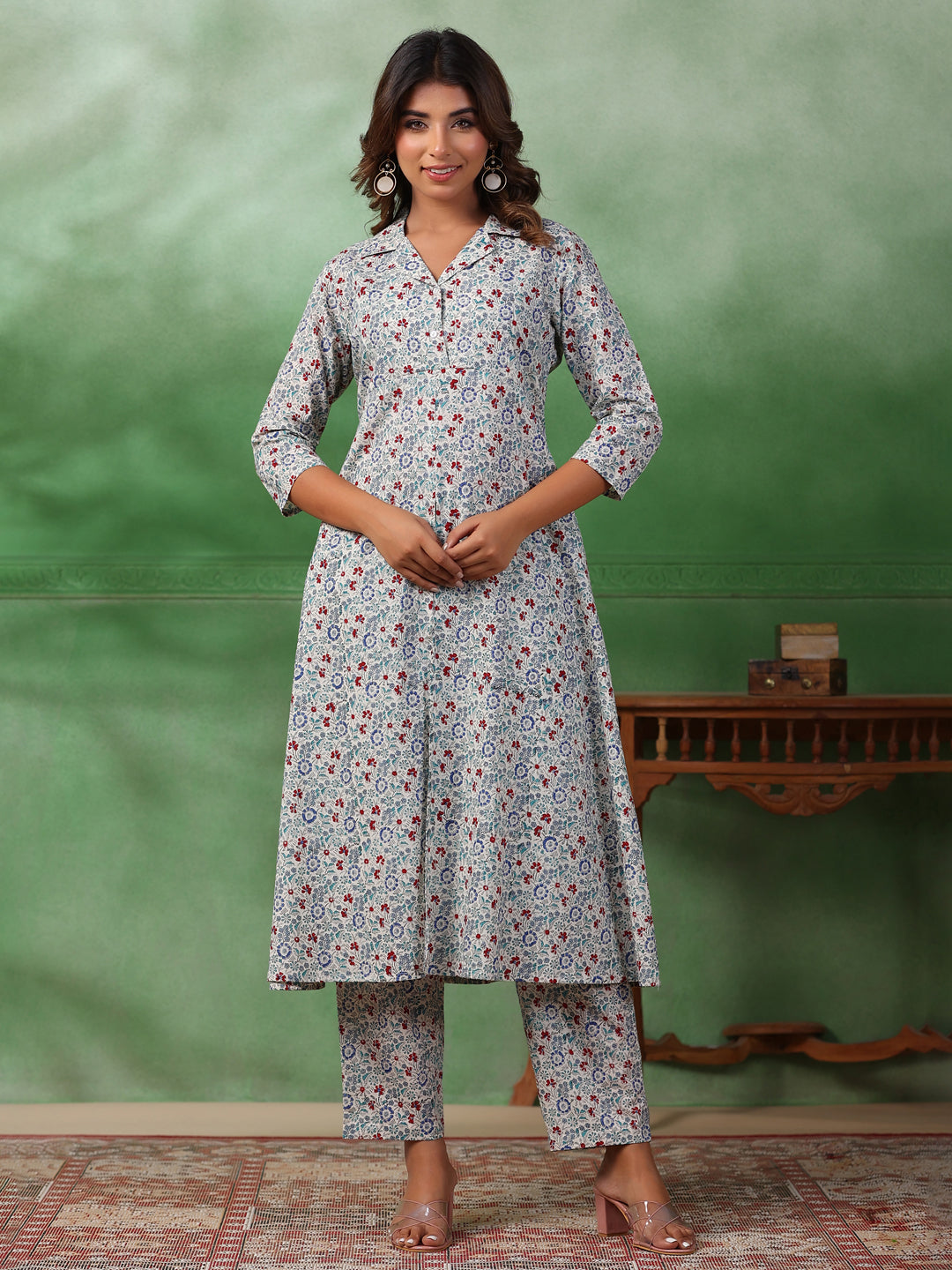 Red Flower Printed Kurta Set for Women