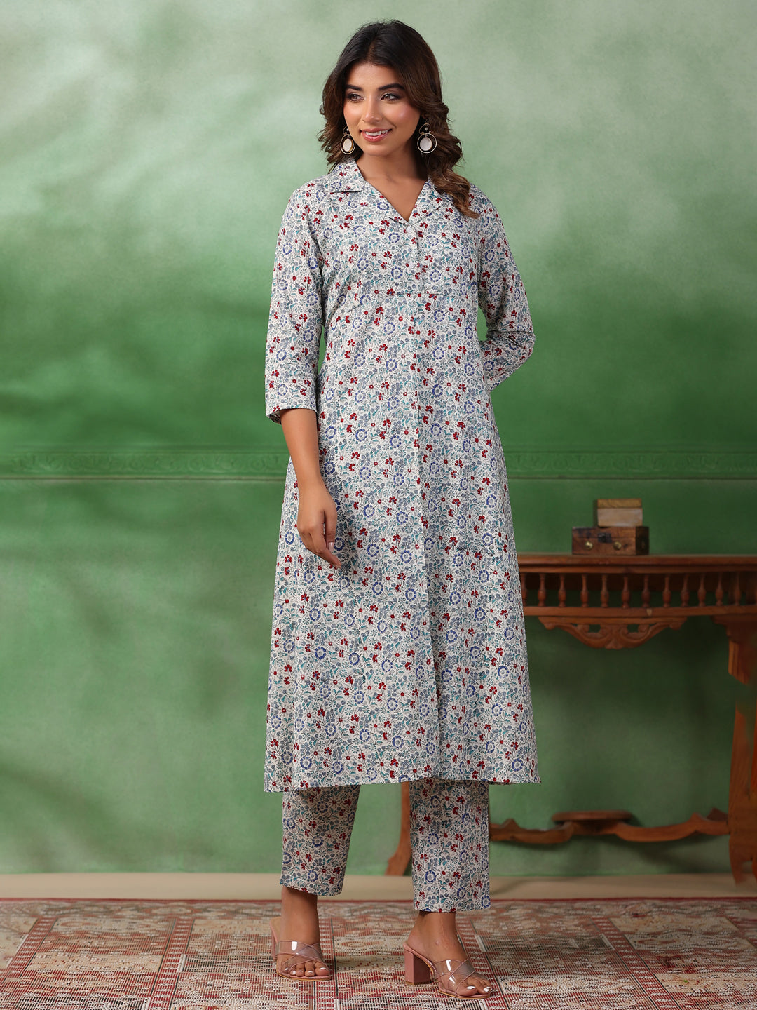 Red Flower Printed Kurta Set for Women