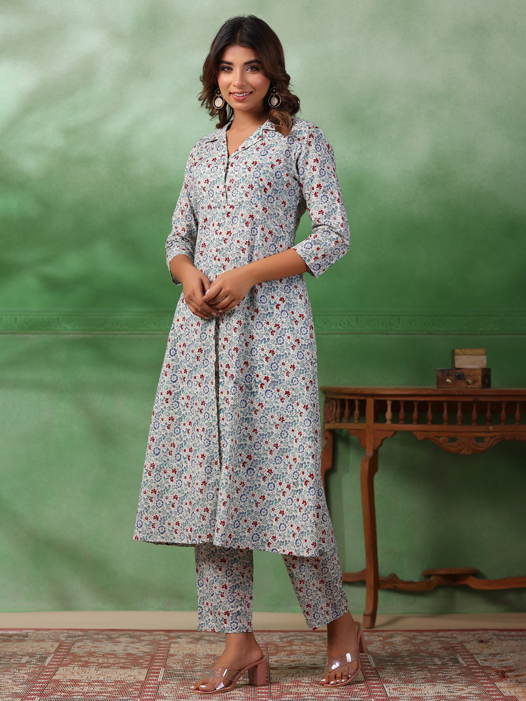 Red Flower Printed Kurta Set for Women