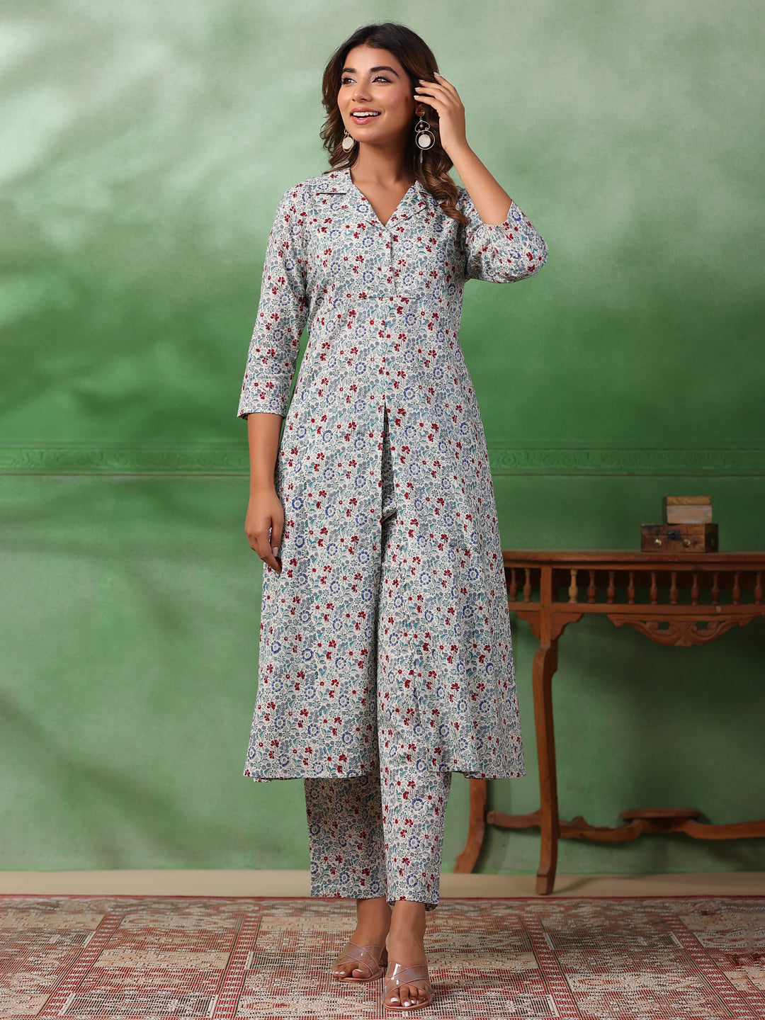 Red Flower Printed Kurta Set for Women