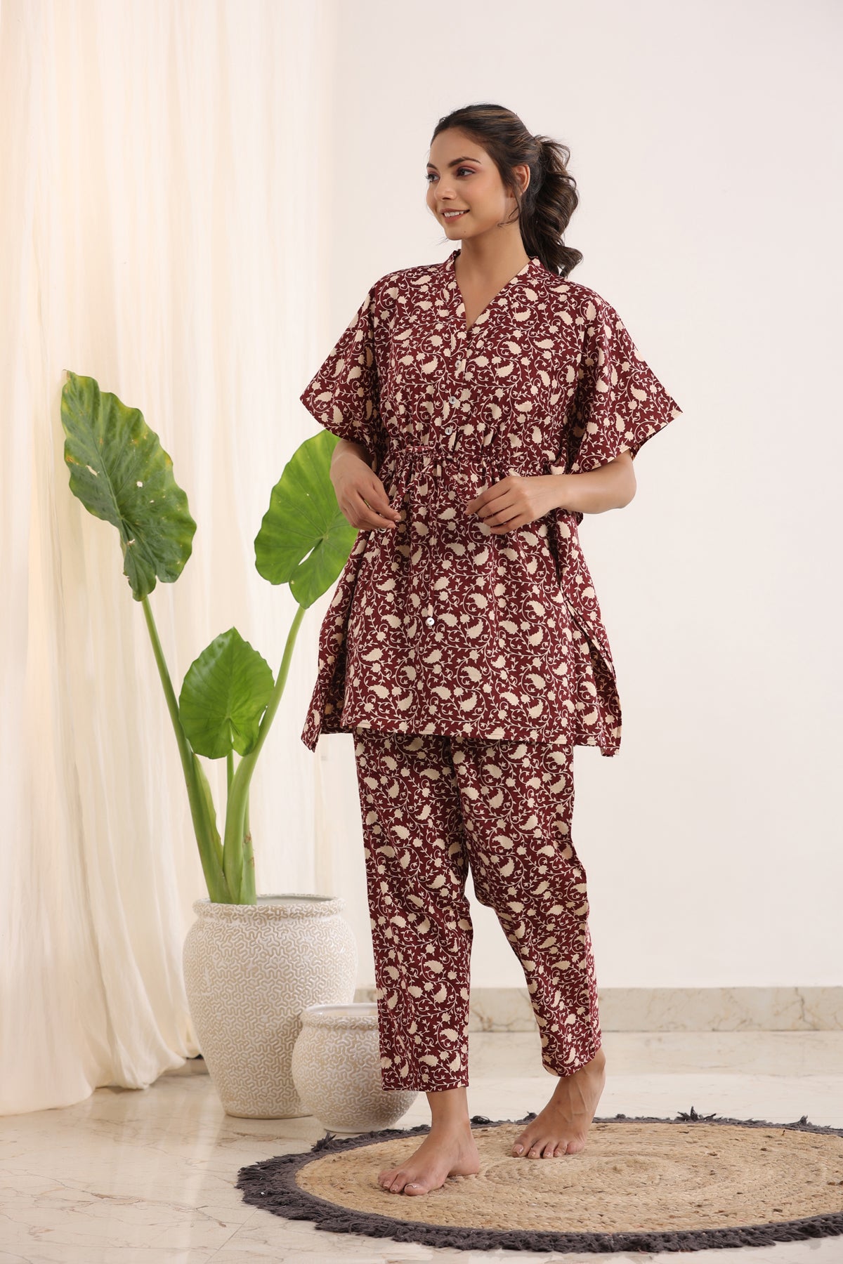 Red  Cotton Printed Kaftan and Pajama Set