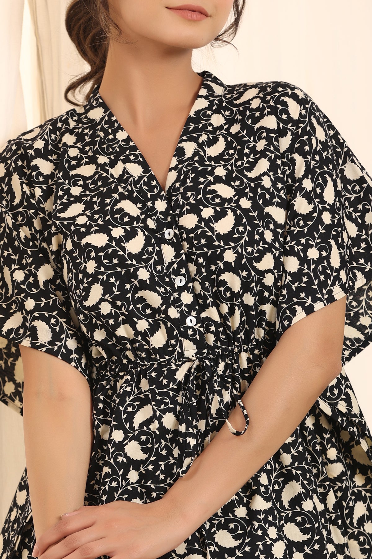 Black Cotton Printed Kaftan and Pajama Set