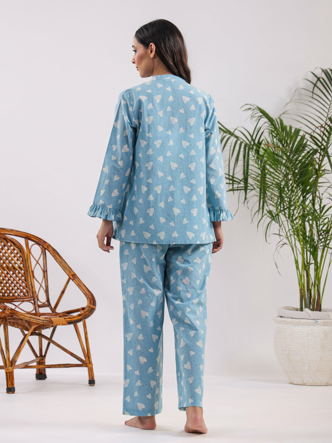 Oasis blue heart Cotton Night SUIT