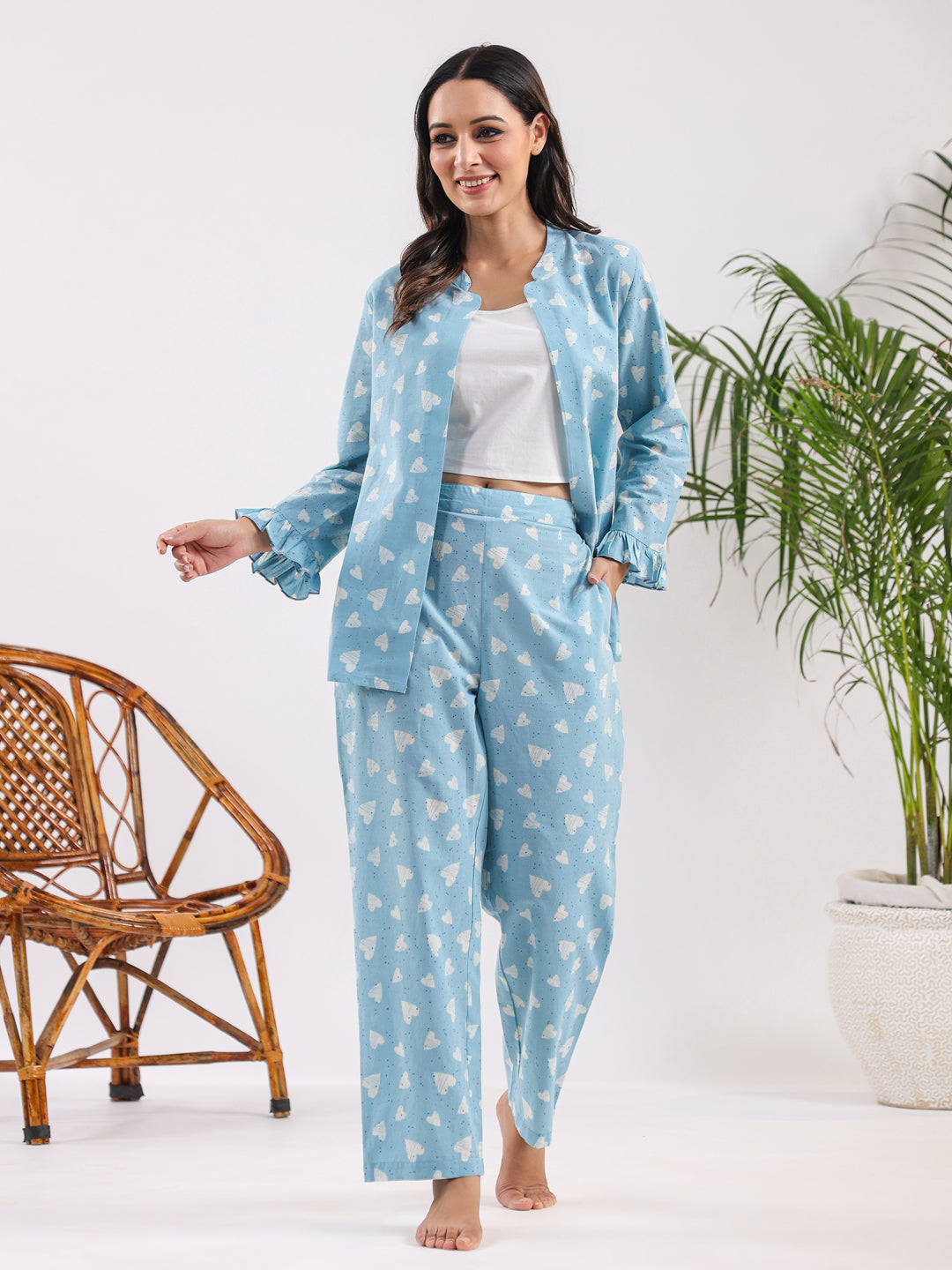 Oasis blue heart Cotton Night SUIT