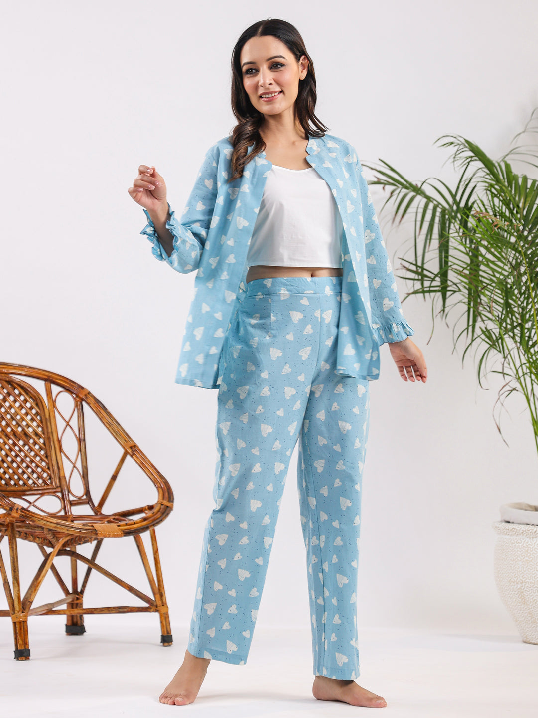 Oasis blue heart Cotton Night SUIT