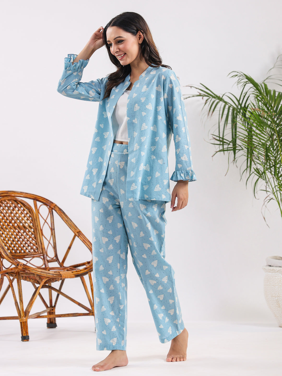 Oasis blue heart Cotton Night SUIT