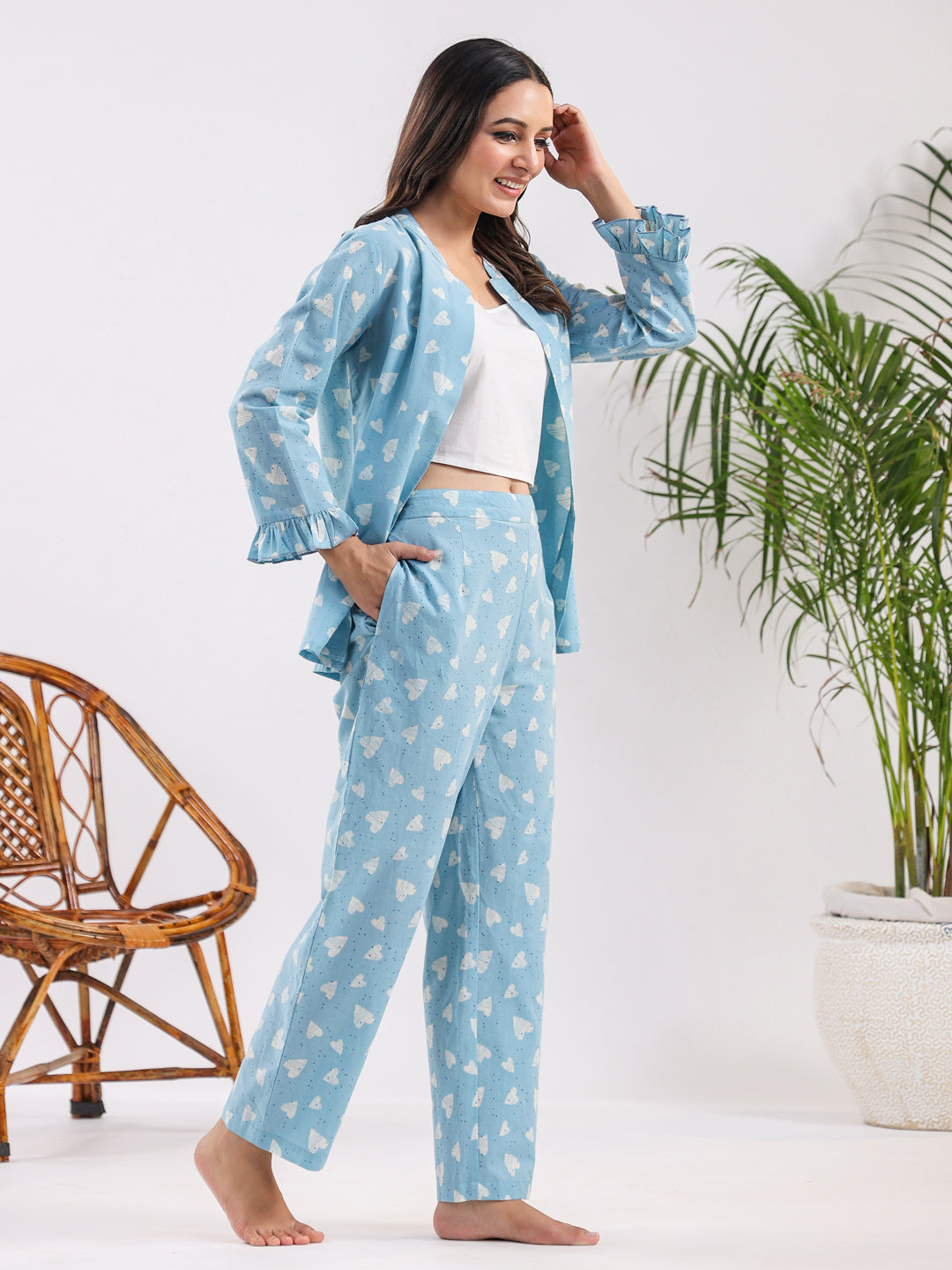 Oasis blue heart Cotton Night SUIT