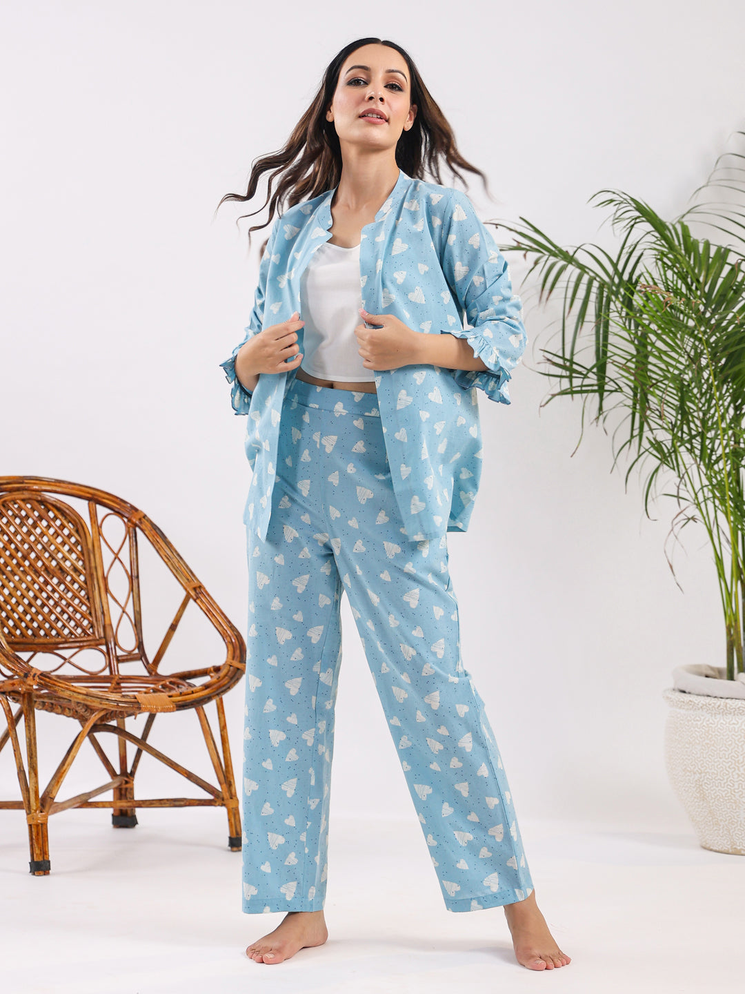 Oasis blue heart Cotton Night SUIT