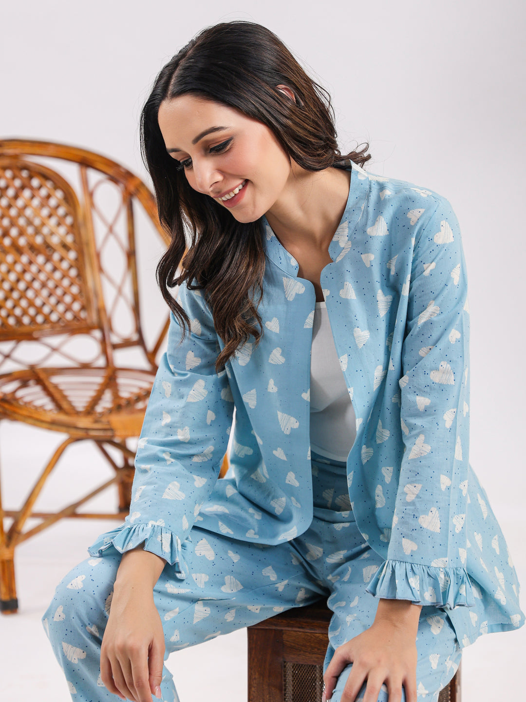 Oasis blue heart Cotton Night SUIT