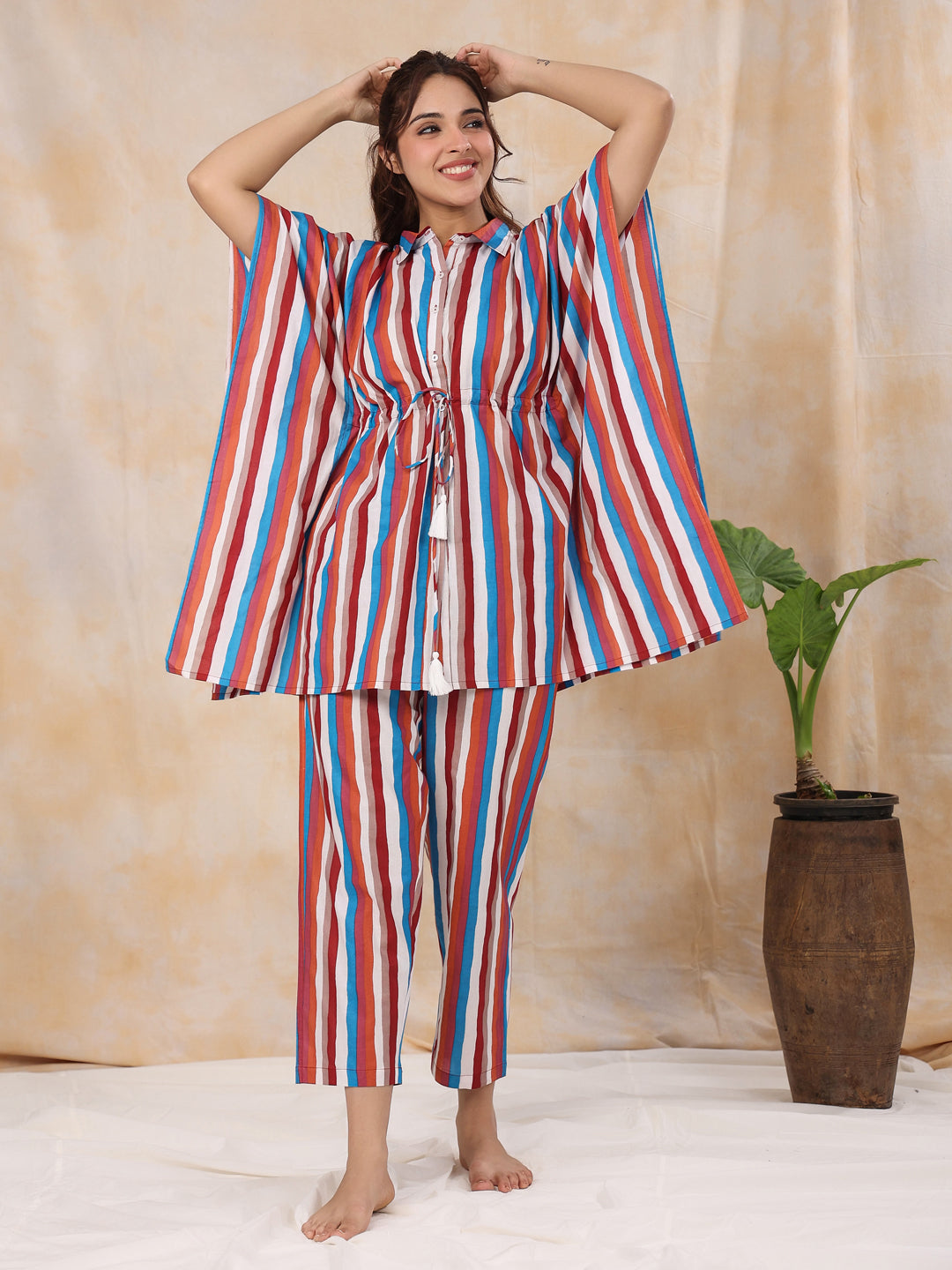 Red stripes Kaftan sleep  Set