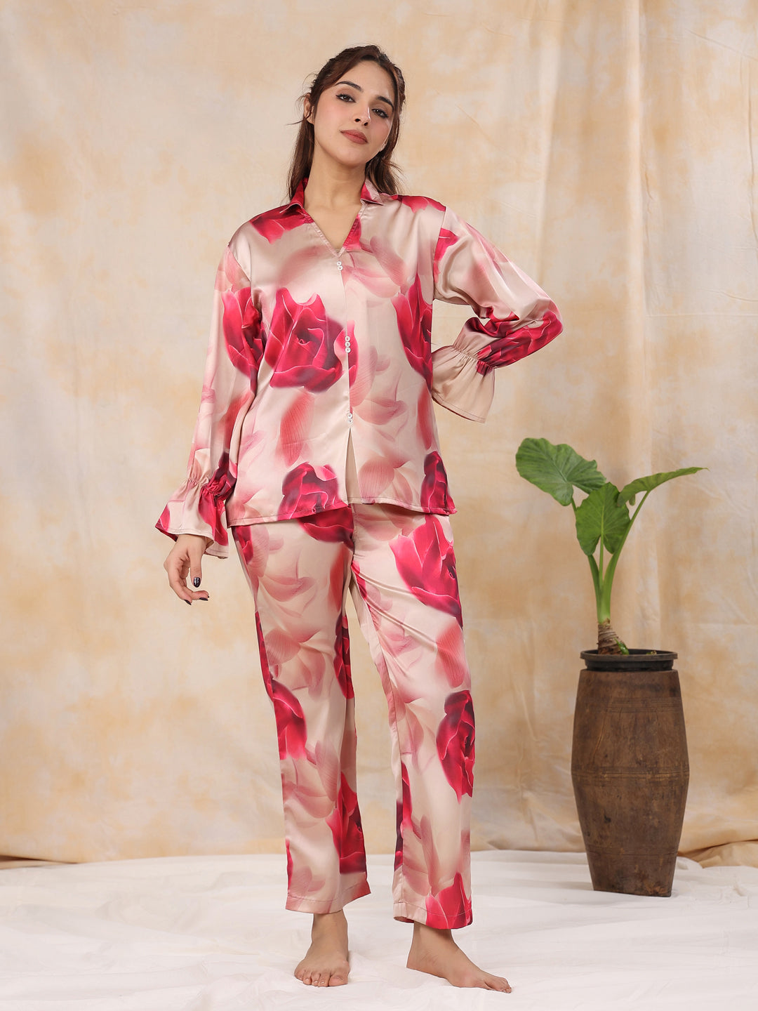 ROSEE` satin Night Suit Set with Pyjama