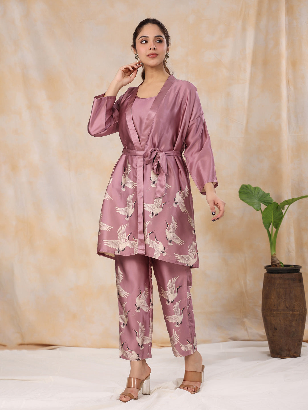 SUGAR PLUM 4 PC SATIN Night Suit Set with Pyjama and shorts