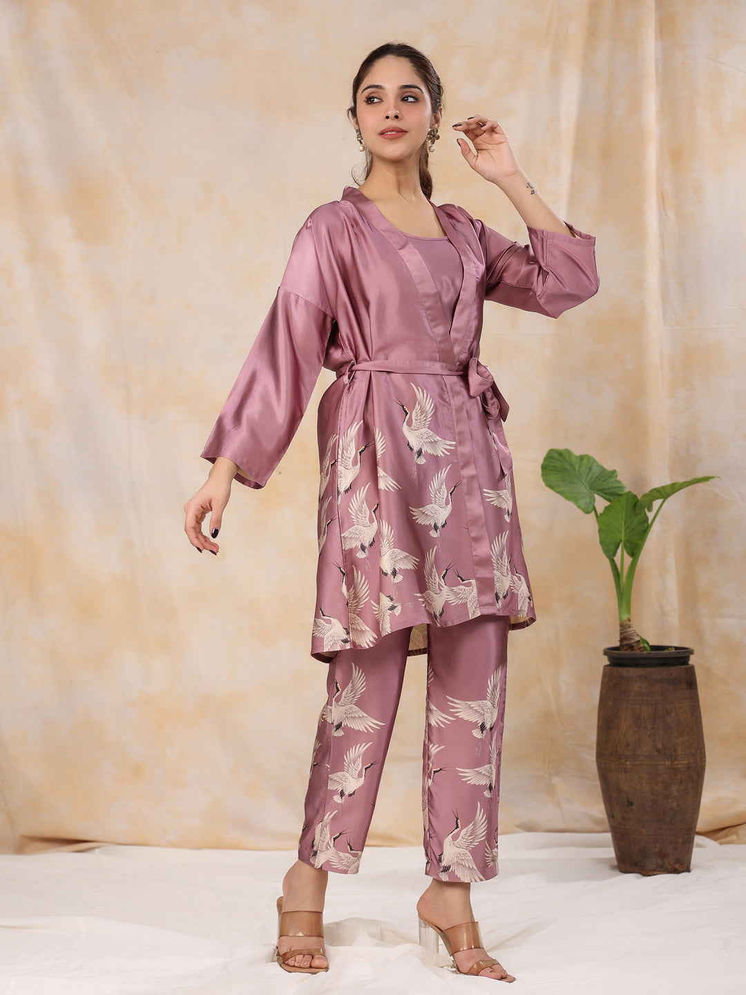 SUGAR PLUM 4 PC SATIN Night Suit Set with Pyjama and shorts