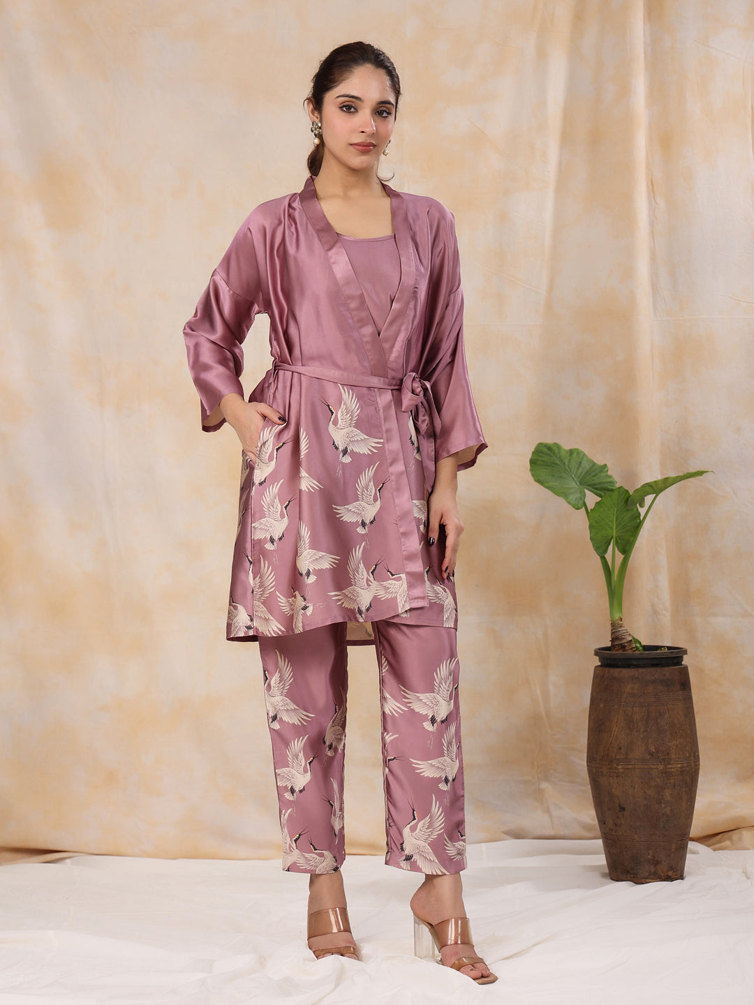 SUGAR PLUM 4 PC SATIN Night Suit Set with Pyjama and shorts