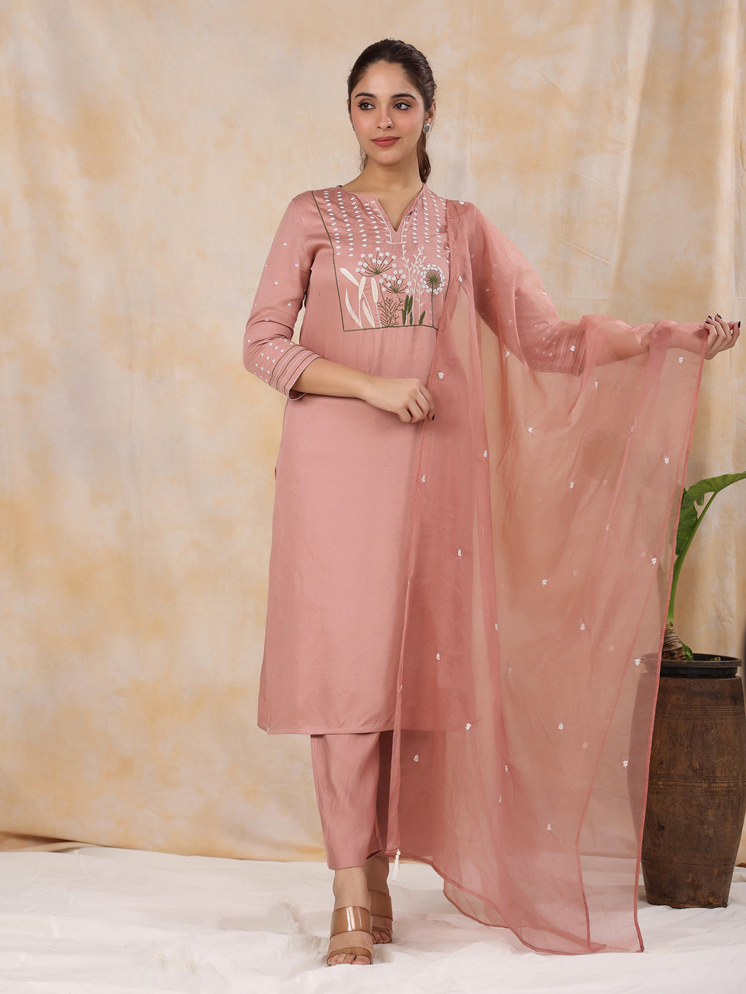 Women' s Floral Embroidered Satin Straight Kurta with Trouser & Dupatta Set