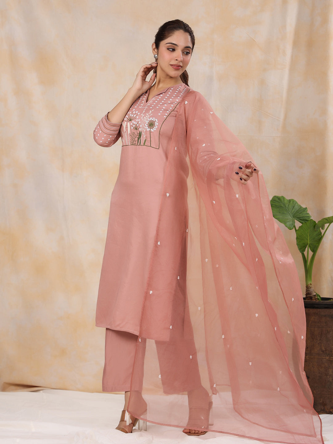 Women' s Floral Embroidered Satin Straight Kurta with Trouser & Dupatta Set