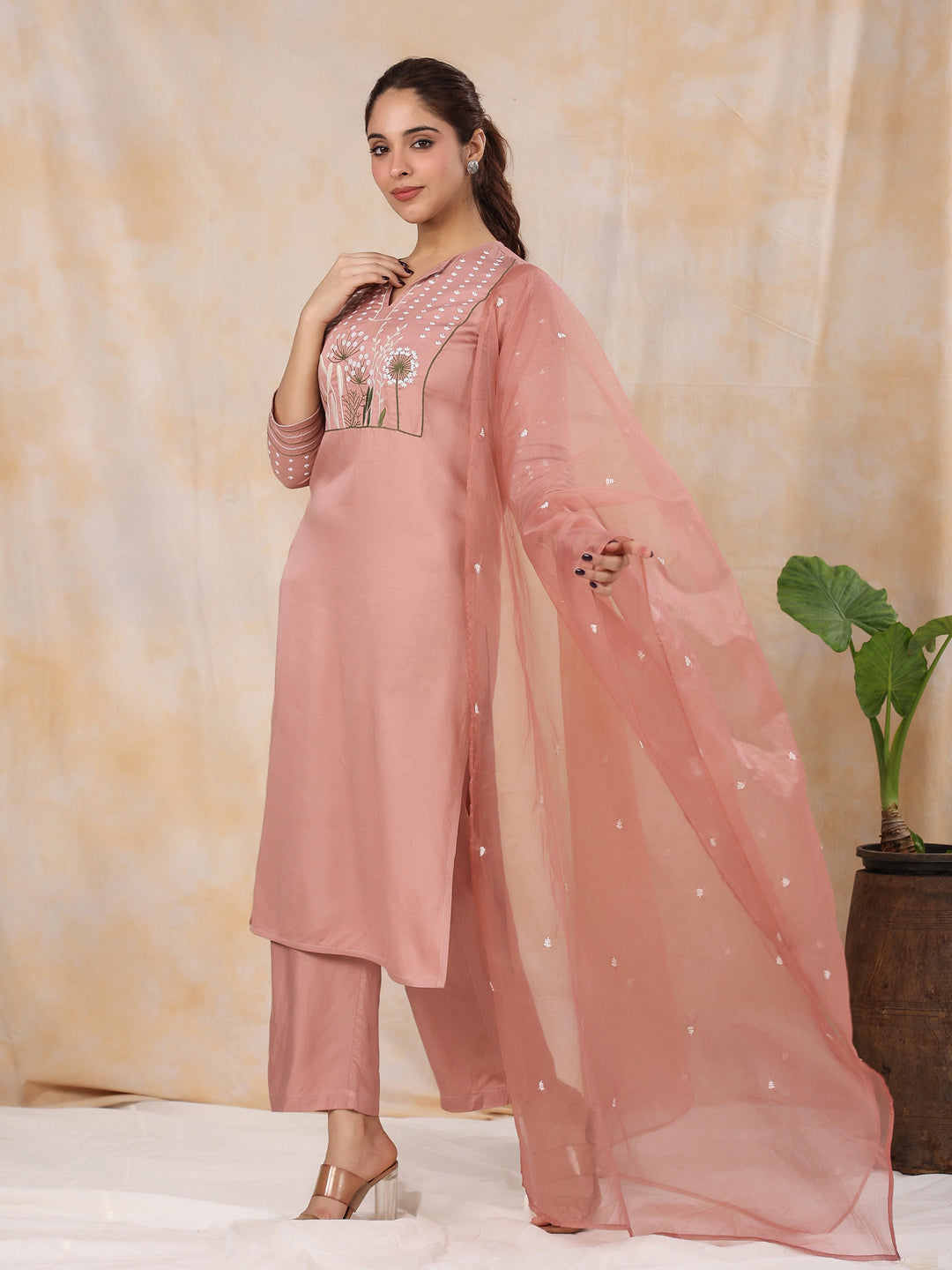 Women' s Floral Embroidered Satin Straight Kurta with Trouser & Dupatta Set