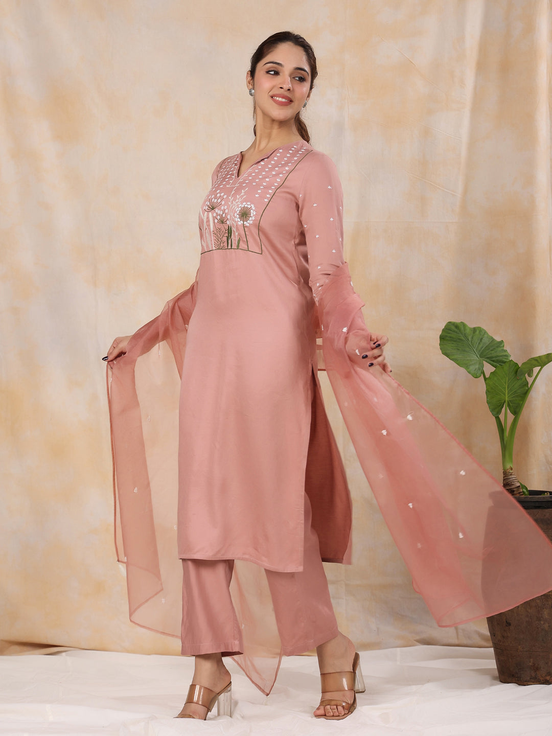 Women' s Floral Embroidered Satin Straight Kurta with Trouser & Dupatta Set