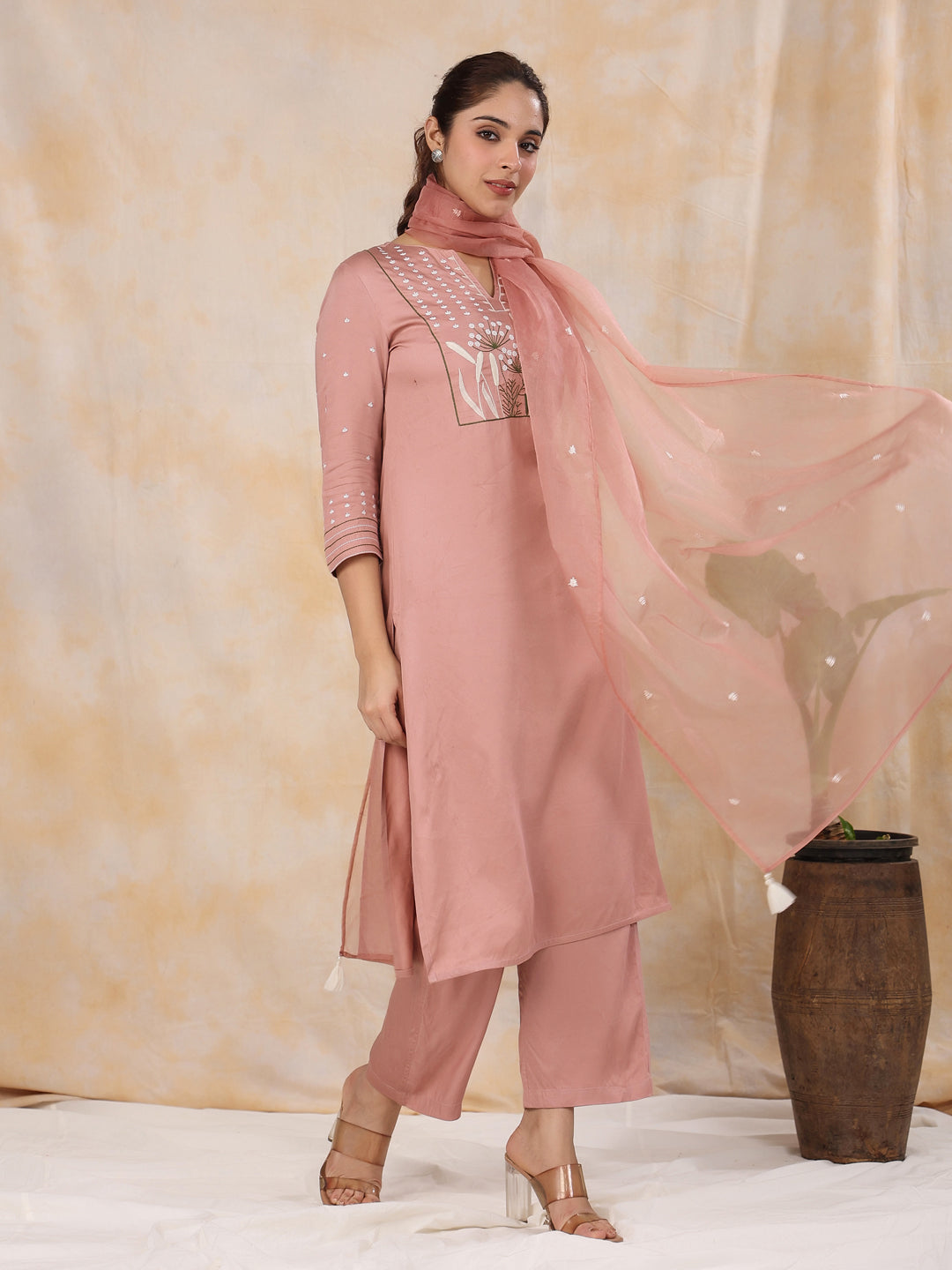 Women' s Floral Embroidered Satin Straight Kurta with Trouser & Dupatta Set