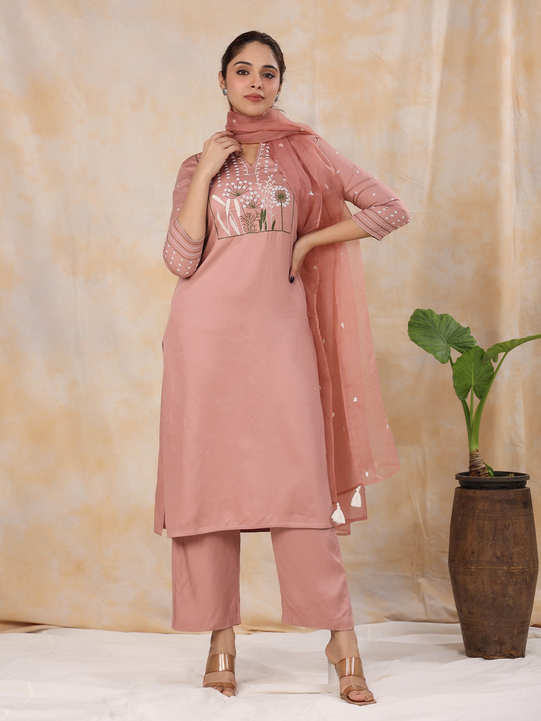 Women' s Floral Embroidered Satin Straight Kurta with Trouser & Dupatta Set