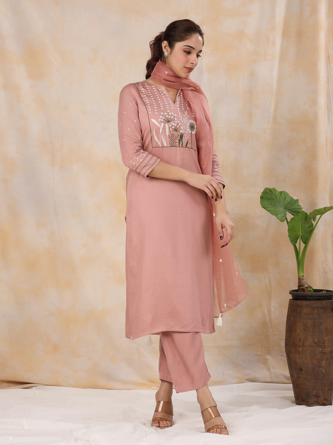 Women' s Floral Embroidered Satin Straight Kurta with Trouser & Dupatta Set