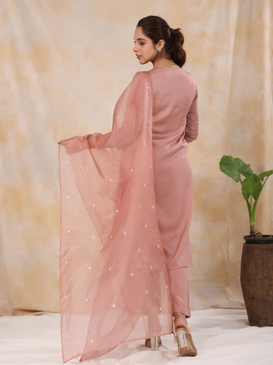 Women' s Floral Embroidered Satin Straight Kurta with Trouser & Dupatta Set