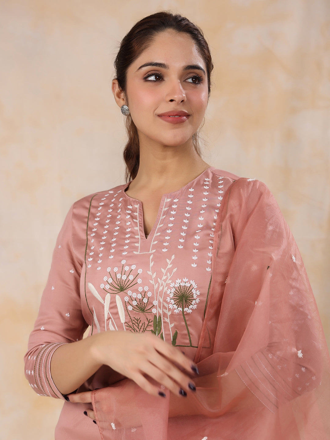 Women' s Floral Embroidered Satin Straight Kurta with Trouser & Dupatta Set