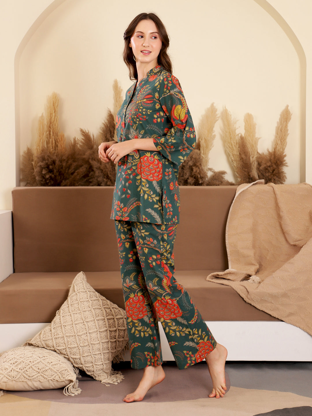 Cotton Printed V-Neck Night Suit Set