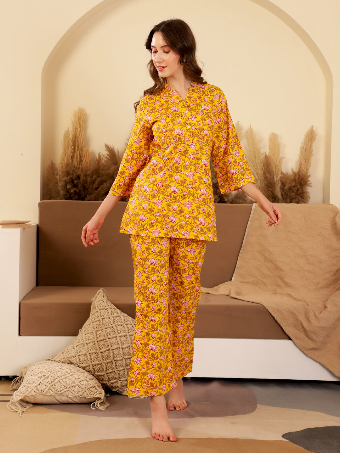 Yellow Printed Cotton Night Suit Set