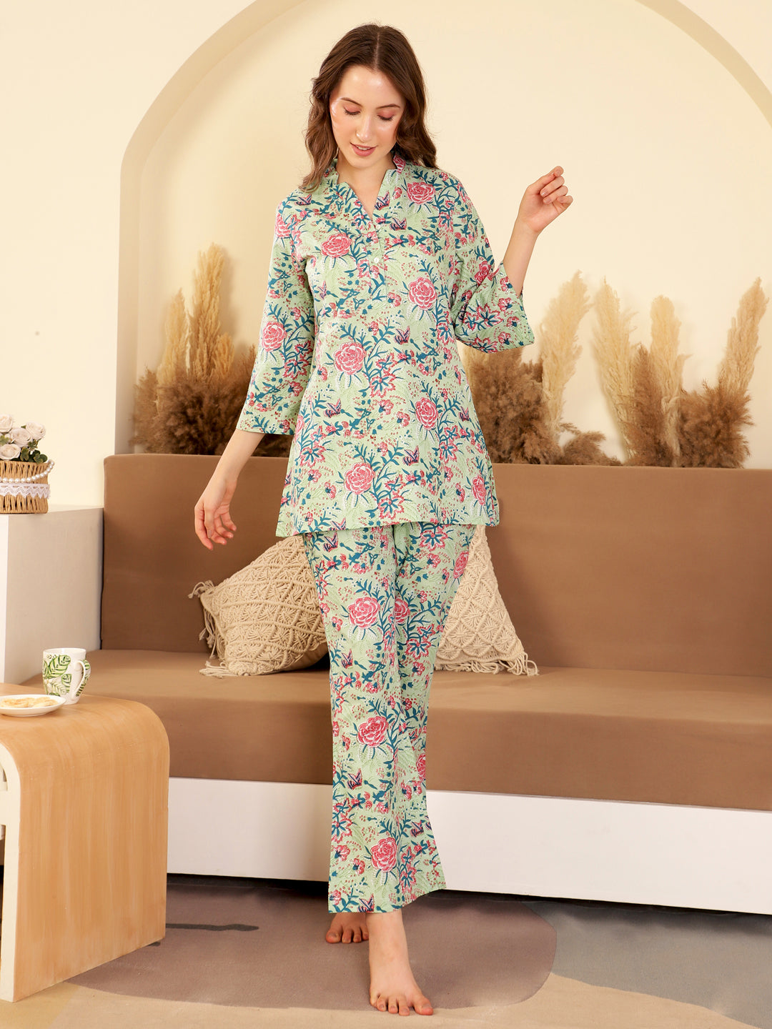 Green Color Printed V-Neck Night Suit Set