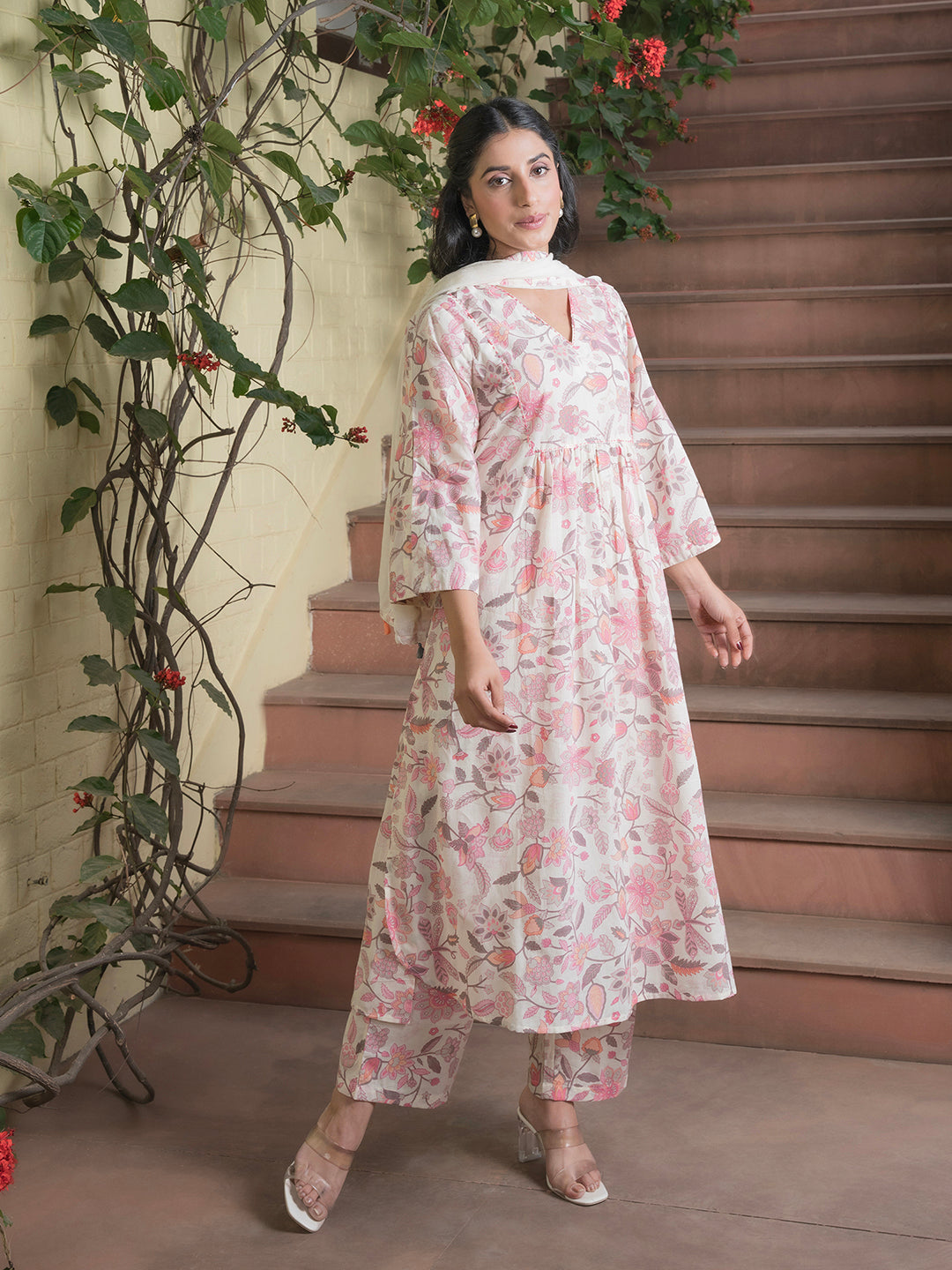 Floral Printed V-Neck Cotton Kurta Set