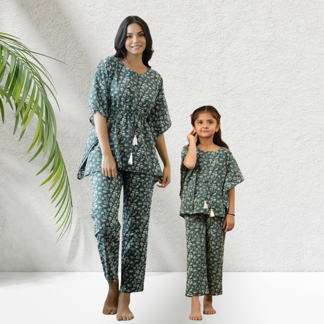 Mother Daughter Green & White Kaftan Combo