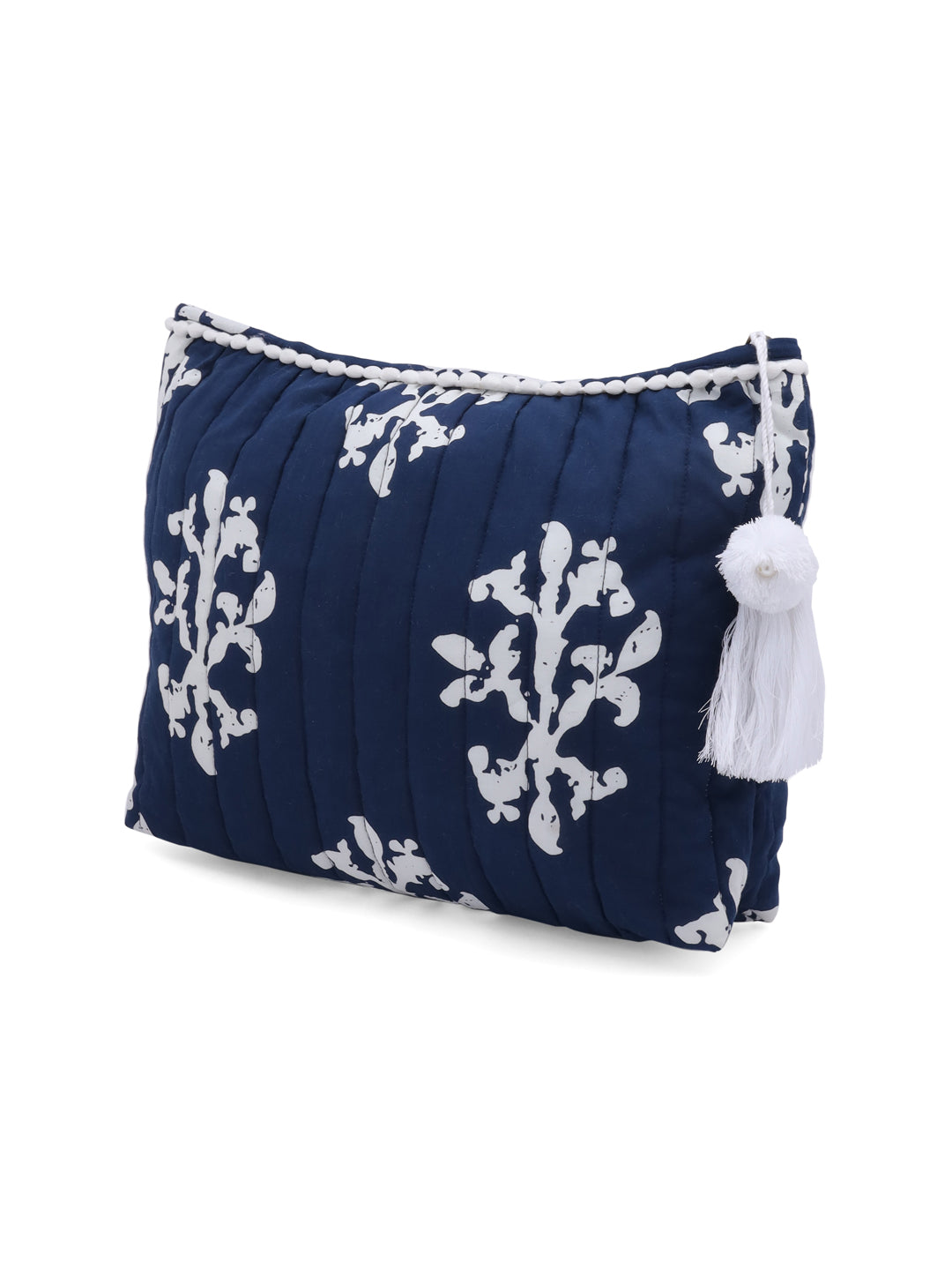 Blue Blockprint Cotton Quilted Pouch Bag with Tassels