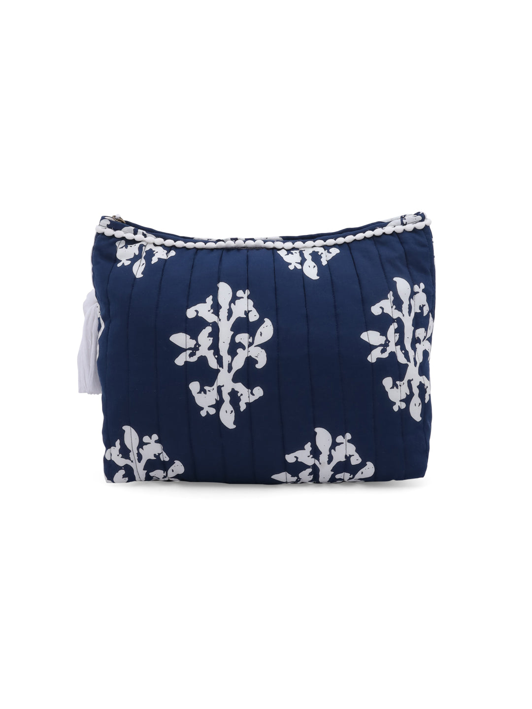 Blue Blockprint Cotton Quilted Pouch Bag with Tassels