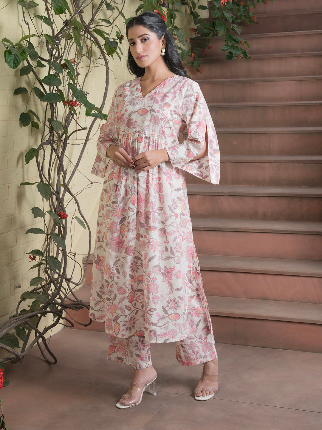 Floral Printed V-Neck Cotton Kurta Set