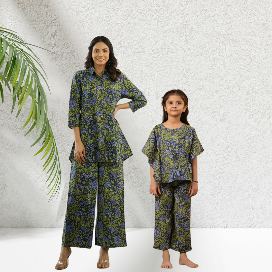 Mother Daughter Green & blue printed coord set combo