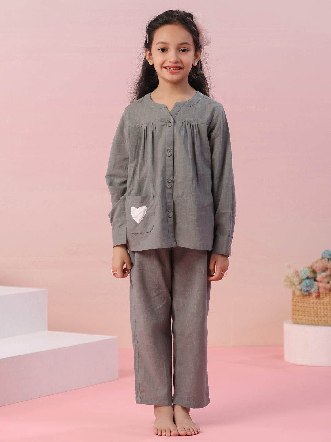 Grey Color Cotton Kids Night Suit