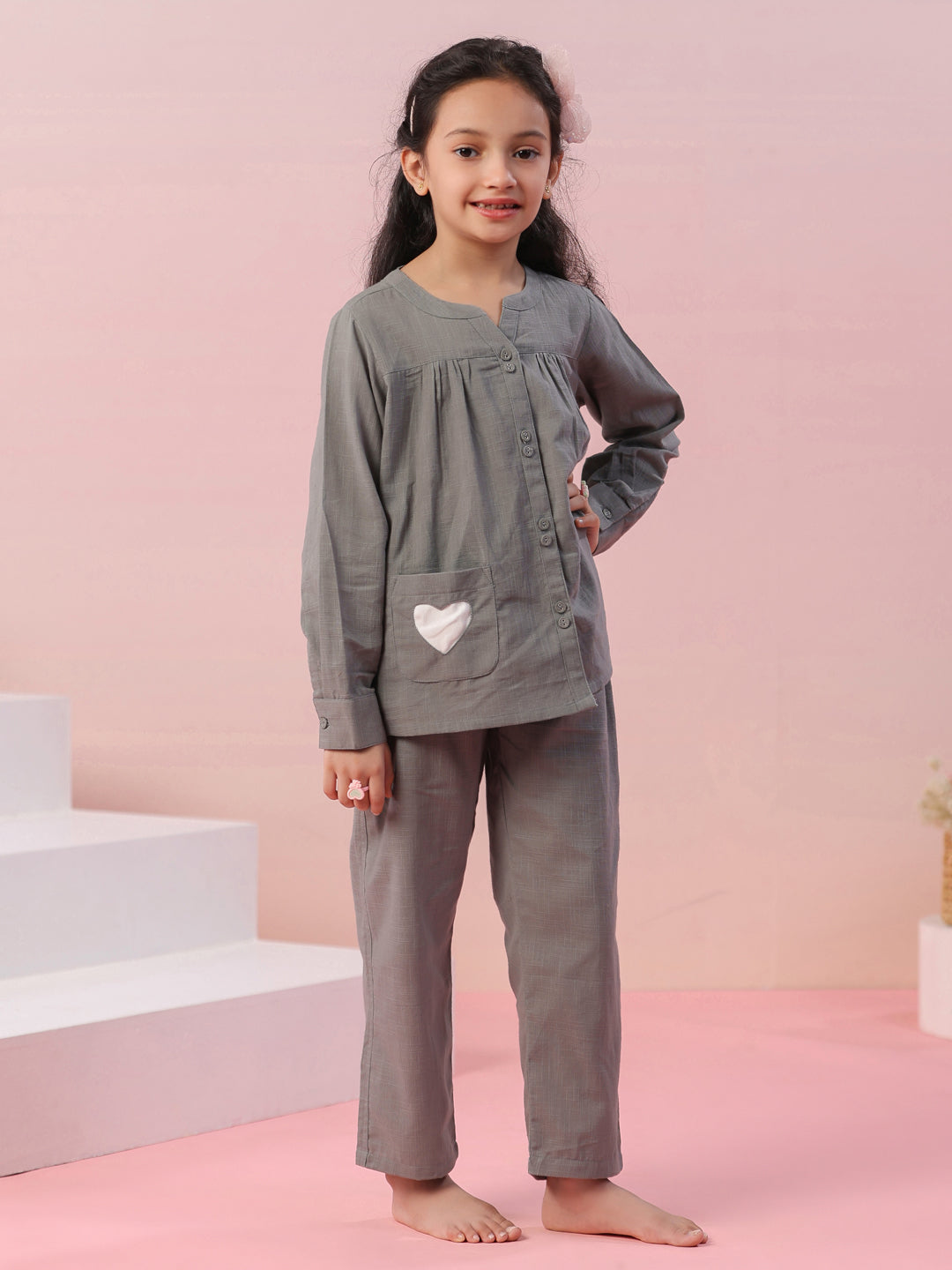 Grey Color Cotton Kids Night Suit