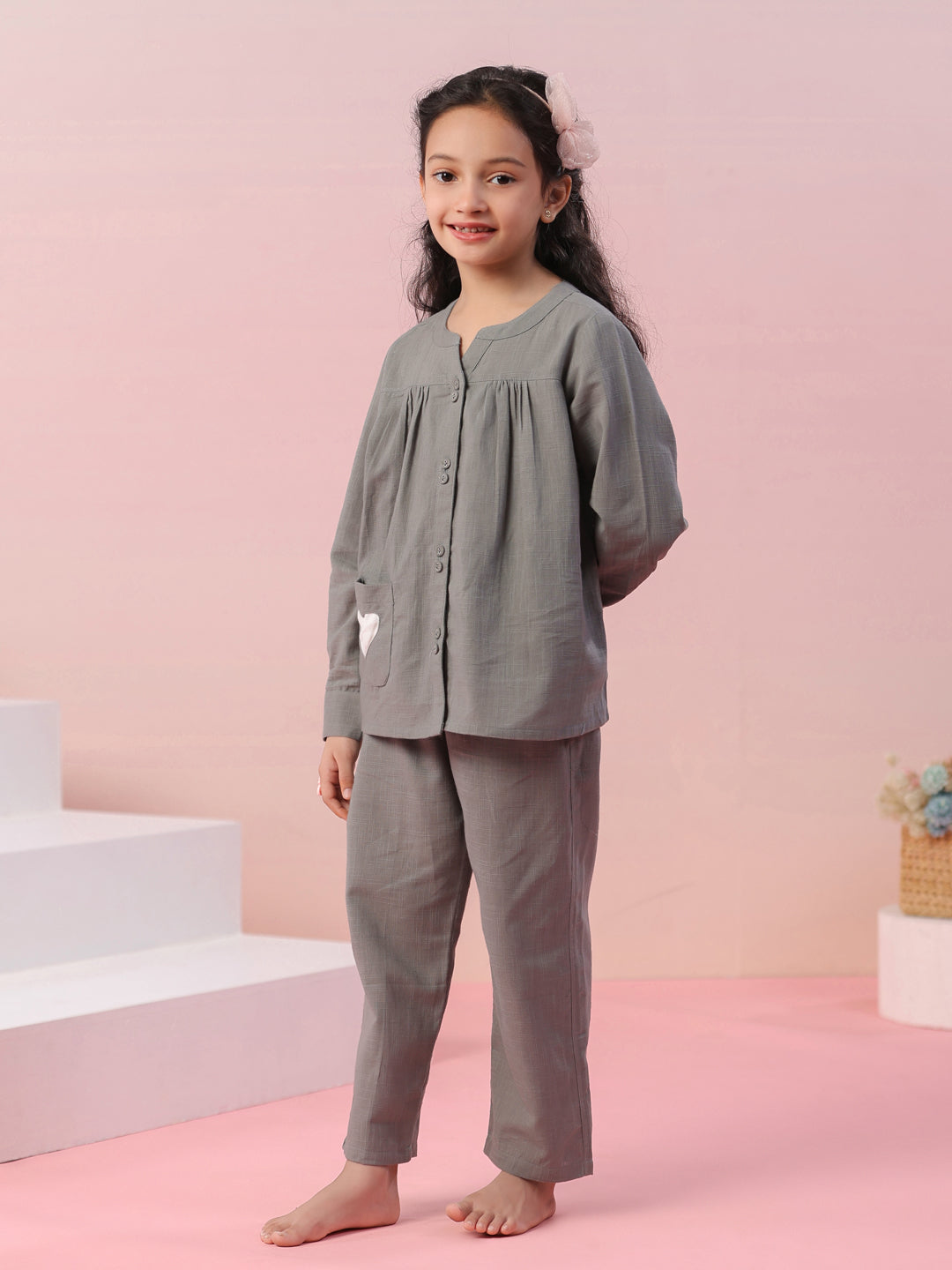 Grey Color Cotton Kids Night Suit